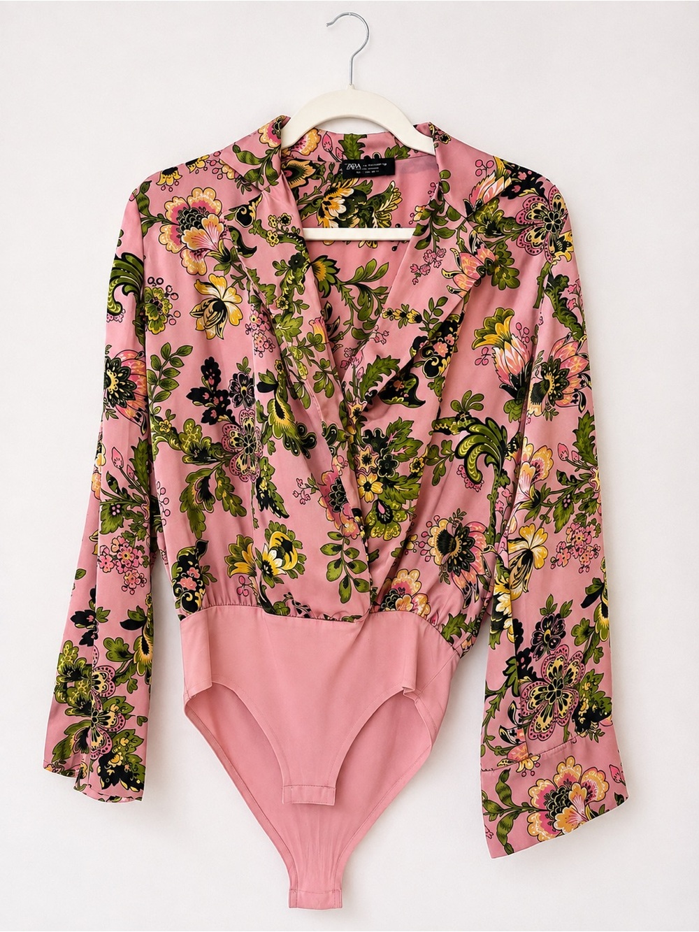 Zara Pink Floral Satin Wrap Bodysuit Long Sleeve